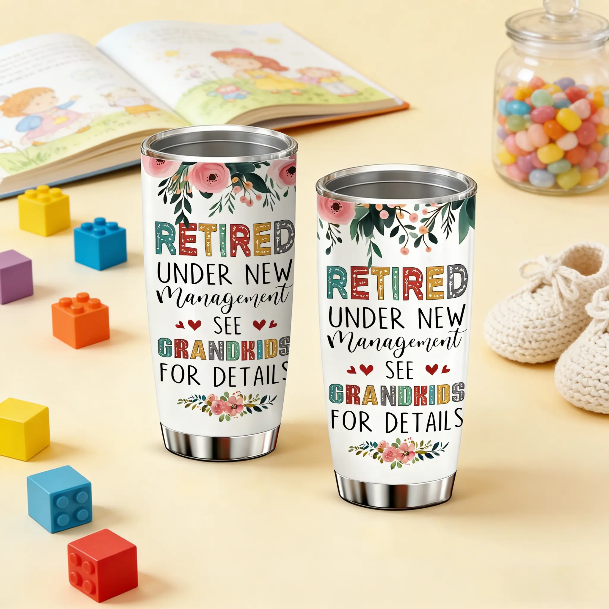 AuraCup 1pc 20oz stainless steel Vacuum Insulated Tumbler with lid and straw, "Retired under new management see grandkids for details" floral print cup, hot cold coffee travel mug, retirement gifts for grandma grandpa, Christmas birthday gifts, Drinkware