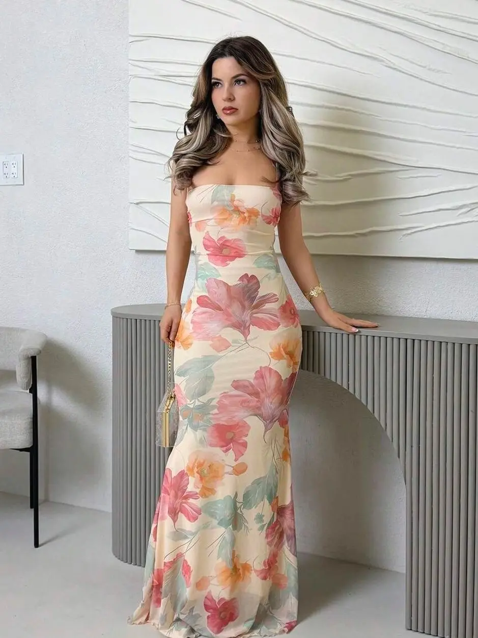 Floral Backless Beach Dress, Elegant Fairycore Wedding Guest Summer Vacation Dress