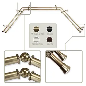 Central Design  0.8125 in. Double Bay Curtain Rod with Side Rod Extends Upto 20 to 36 in. & Center Rod Extends Upto 38 to 72 in., Antique Brass