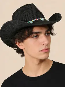 Handmade Beaded Chain Western Cowboy Hat, Bohemian Jazz Hat, Panama Sunhat, Beach Straw Hat, Summer Work Hat, Travel Gift, Cowboy Style Hat