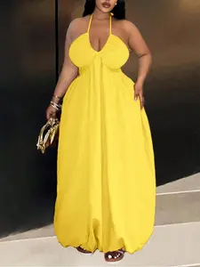 【Plus Size】 Solid Tie Back Halter Neck Dress, Casual Sleeveless Long Dress for Summer, Women's Plus Clothing for Daily Wear, Halter Strap Dress