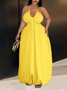 【plus size】 solid tie back halter neck dress, casual formal sleeveless long dress for summer, women's plus clothing for daily wear, womenswear