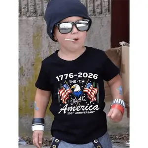Boys' T-Shirt, 1776-2026 The T.W., Stylized Bald Eagle Between Crossed American Flags with Small White Stars, 'The '4E America' Script And Serif Font, 250TH ANNIVERSARY, Casual Soft, Round Neck, Kids Clothes Boys