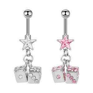 14G 316L Stainless Steel Dice Dangle Belly Button Ring for Women, CZ Star Dangle Navel Piercing Jewelry, 2Pcs White Pink Dice Belly Ring Set
