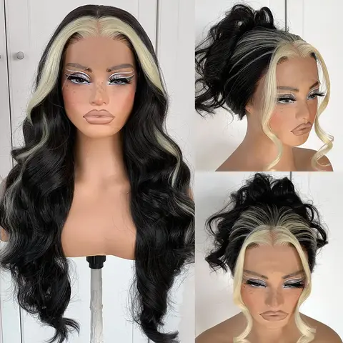 Women's 13x6 Glueless Middle Part Synthetic Lace Front Wig - Pre-Plucked Pre-Cut Long Body Wave Wig with Highlights, Heat-Resistant Adjustable Straps Wear-and-Go Hairpiece for Fashion Accessories