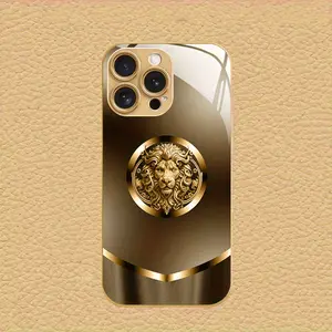 High-end Simple Golden Lion Icon Metal Tempered Glass Phone Case, Suitable for iPhone 16/15/14/XS/X/Pro PLUS Pro Max, Dustproof Lightweight Business Style Design, Perfect Gift for All Seasons, Over 15 Models Available