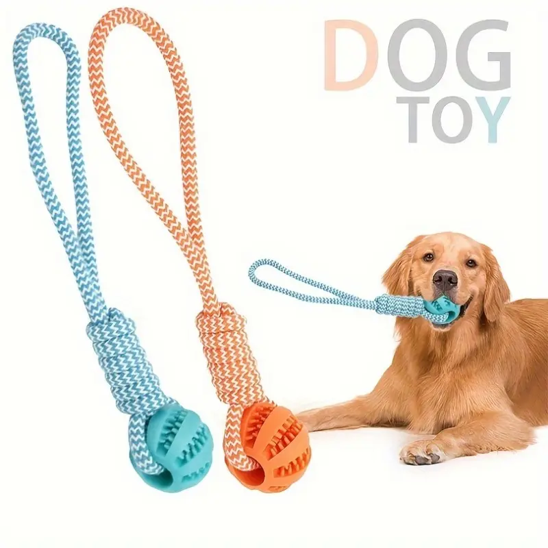 Indestructible Non-Toxic Rubber Chew Toy with Durable Cotton Rope Handle, Treat Ball for Puppies Teething Relief, Outdoor Play Tetherball Lawn Game