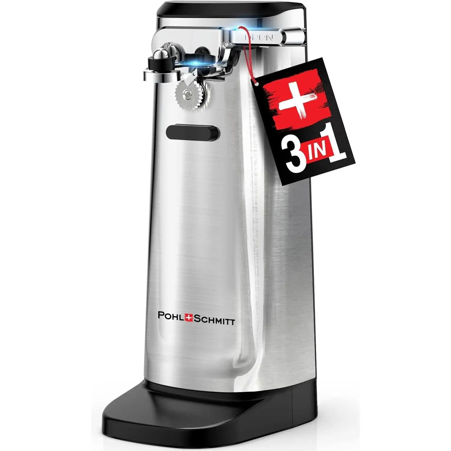 POHL SCHMITT Electric Can Opener, Knife Sharpener & Bottle Opener | Easy Push Down Lever, Works with Standard And Pop-Top Cans, Durable Stainless Steel & ABS, Kitchen Essentials and Accessories Gift