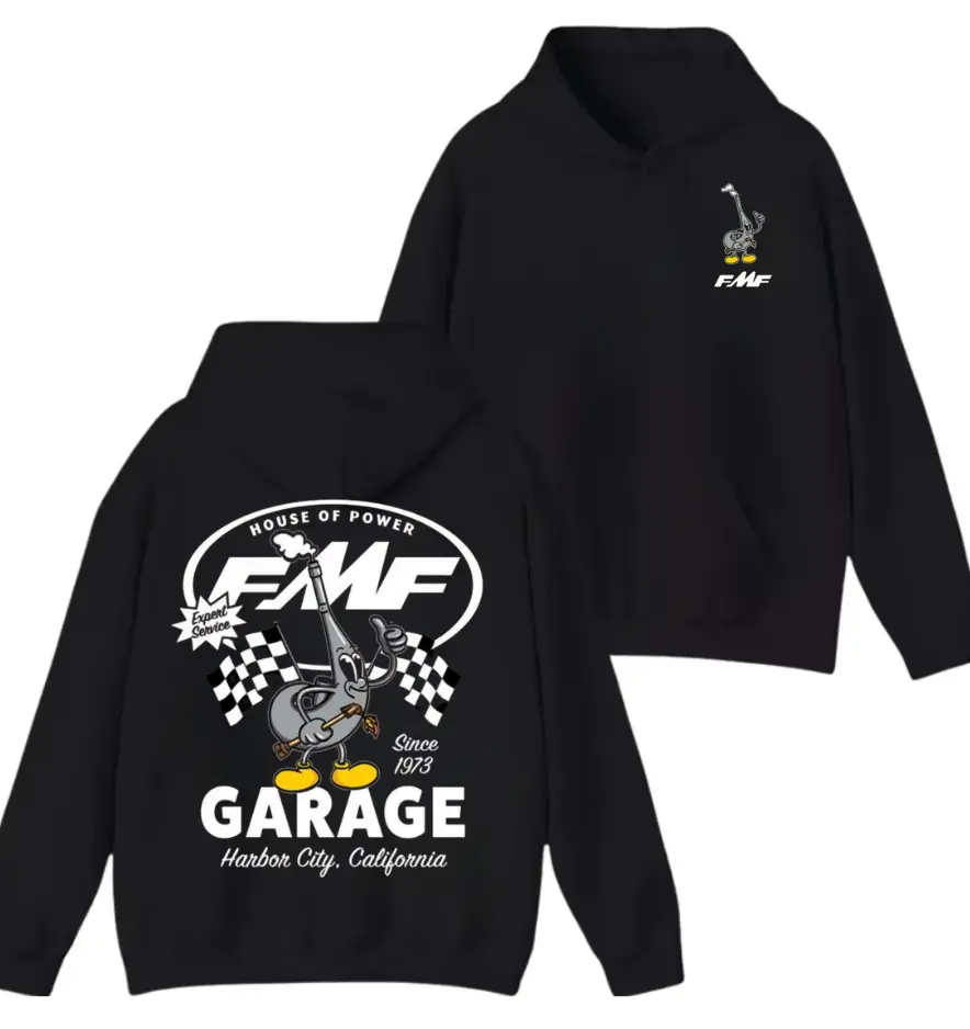 FMF Racing Garage Since 1973 Hoodie, FMF Racing Hoodie, Dirt Bike Fan Hoodie Cotton Racing Hoodie For Bikers Short Sleeve Tops Streetwear, Drift & Motorsport Lifestyle Apparel