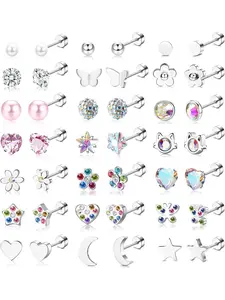 21Pair Small Stud Earrings Jewelry Set for Women Girls Stainless Steel Hypoallergenic Butterfly Flower Earrings Cute Heart Zirconia Multicolour Cute Piercing Flatback Earrings Set Artificial Zircon Earrings