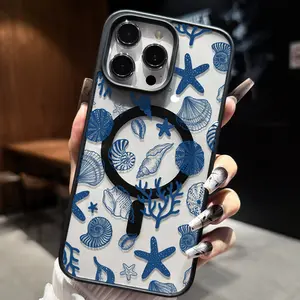 Macaron magnetic phone case for Apple and Samsung, featuring marine life, seashells, and starfish patterns. Full coverage, shockproof, transparent, with MagSafe wireless charging protection. Creative and personalized design for men and women.
