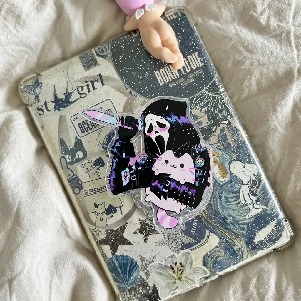 Creepy Cute Ghost Mask Phone Grip Slasher Cat Lover Phone Stand Acrylic Pastel Goth Phone Holder Gothic Horror Villain Finger Grip Topper Kawaii Spooky Phone Accessory Gift