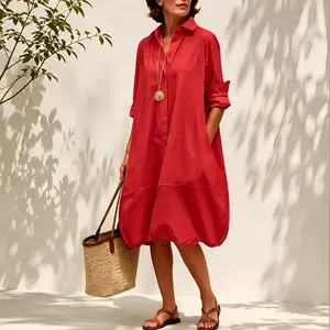 Women's Oversized Button Down Shirt Dress, Long Sleeve Collared Loose Fit Midi Dress, Balloon Hem Pocket Dress, Casual Solid Color Tunic Dress