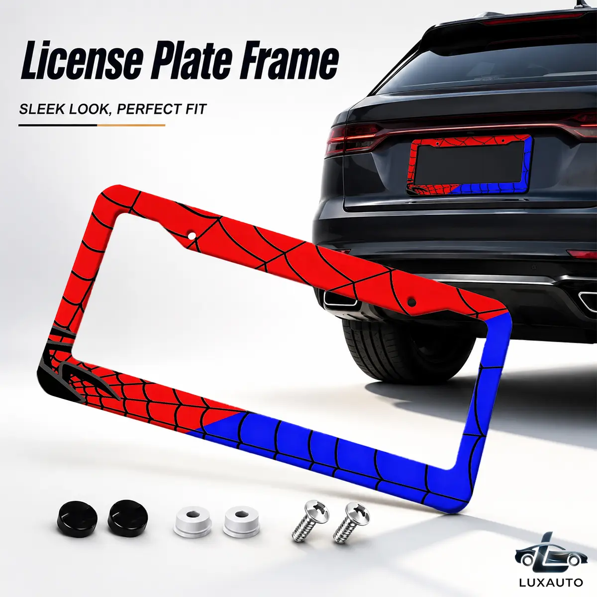 Red & Blue Web Pattern License Plate Frame - US Standard 12.2x6.3" Aluminum Car Tag Holder with Bold Look, Includes Screws & Caps, Stylish Auto Exterior Accessory for Cars/SUVs
