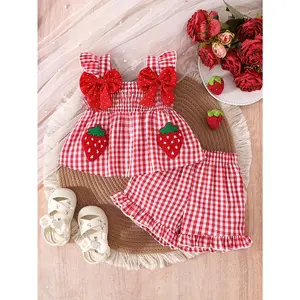 2PCS Baby Girl Strawberry Pattern Ruffle Collar Top and Elastic Waist Shorts Set