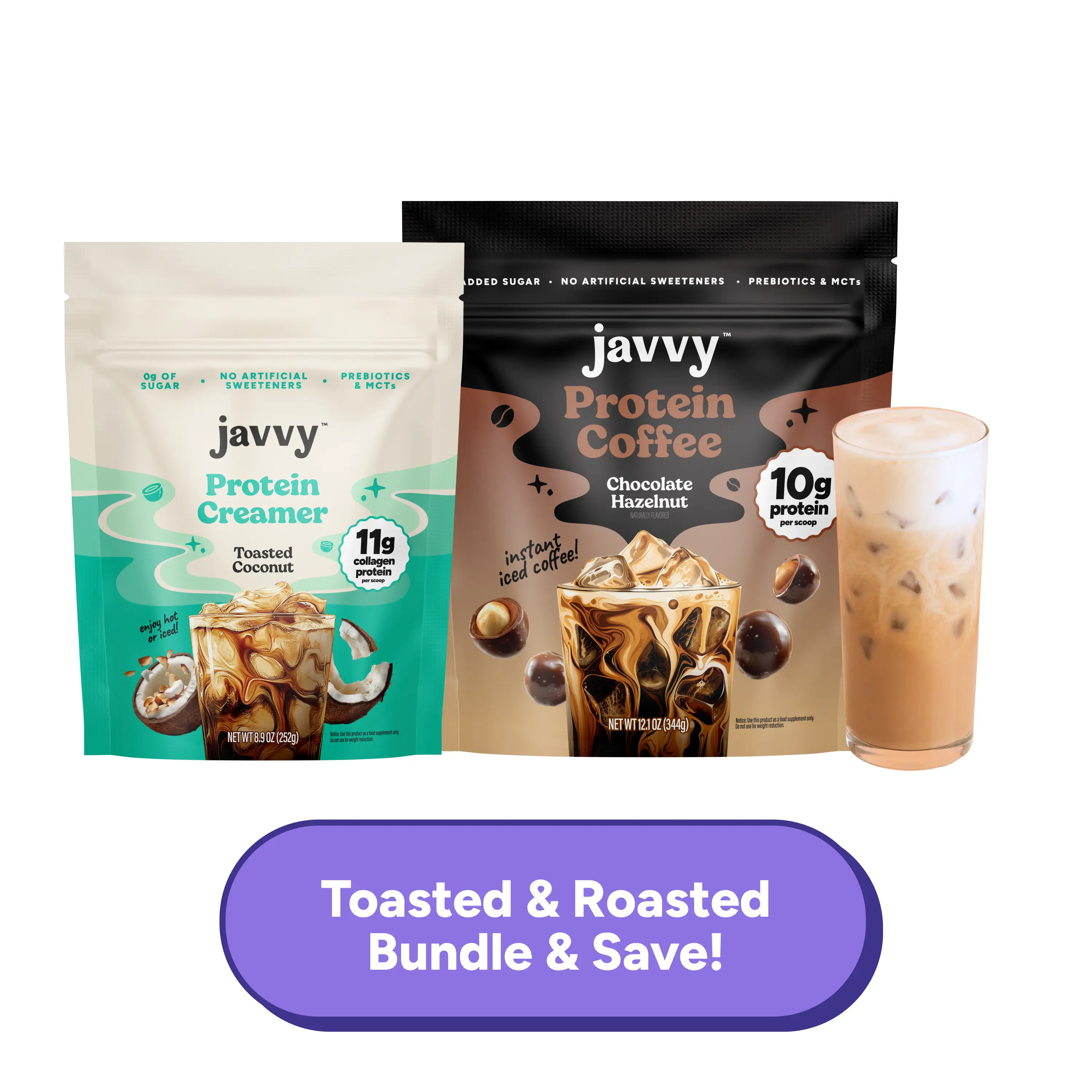 Javvy Tropical Choco Hazelnut Duo TikTok Exclusive Bundle Chocolate Hazelnut Protein Coffee and Toasted Coconut Collagen Creamer Premium Whey Protein Instant Mix, 100% Natural, No Artificial Flavors & Sweeteners, No Added Sugar, 80 mg Caffeine Per Serving