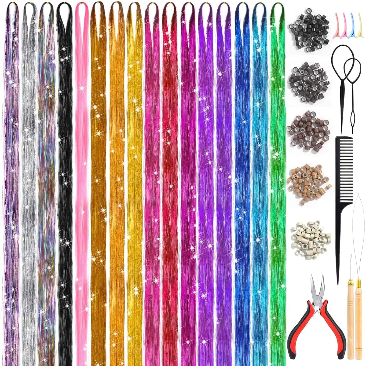 Hair Tinsel Kit (48 Inch, 16 Colors, 3200 Strands), Glitter Sparkling Tinsel Hair Extensions with Tools, Heat Resistant Fairy Hair Tinsel Kit for Women Girls  Party Festival Hair Accessories