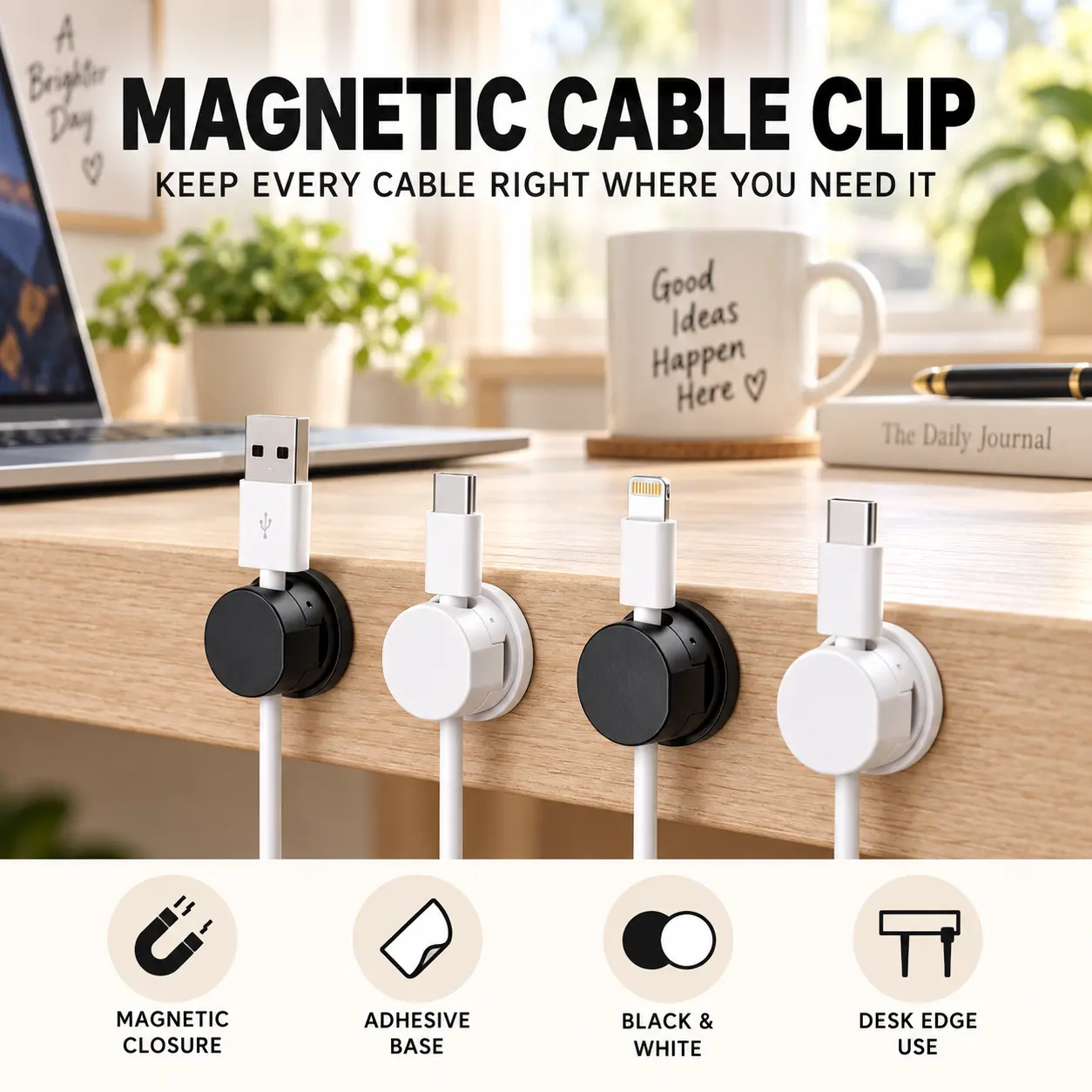 Magnetic Cable Clips, Rotating Adhesive Cord Organizers for Desk, Nightstand, Home Office & Car, Compact ABS Cable Holders for Charging Cords, Black & White Mixed Colors
