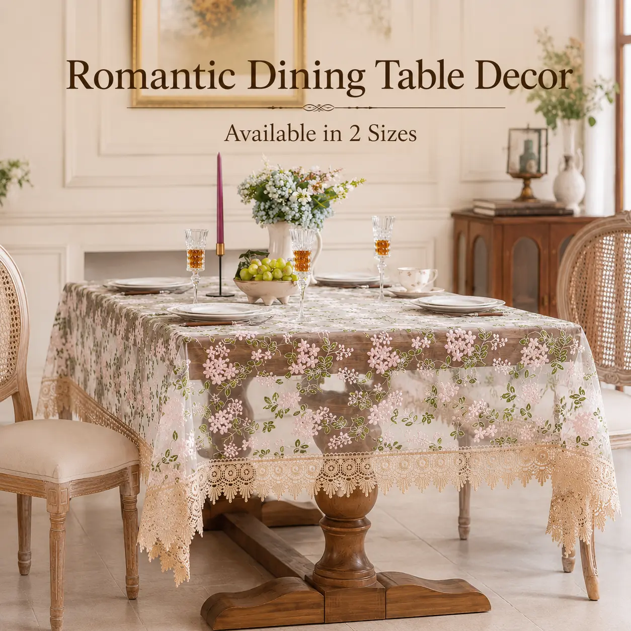 An elegant tablecloth made of pure floral lace with embroidery, perfect for birthdays, parties, weddings, bridal showers, tea parties, and table decorations