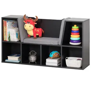Basicwise  24 x 44 x 11 in. Modern Multi-Purpose Bookshelf with Storage Space & Cushioned Reading Nook, Black & Gray
