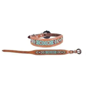 Genuine leather dog collar with teal beaded inlay