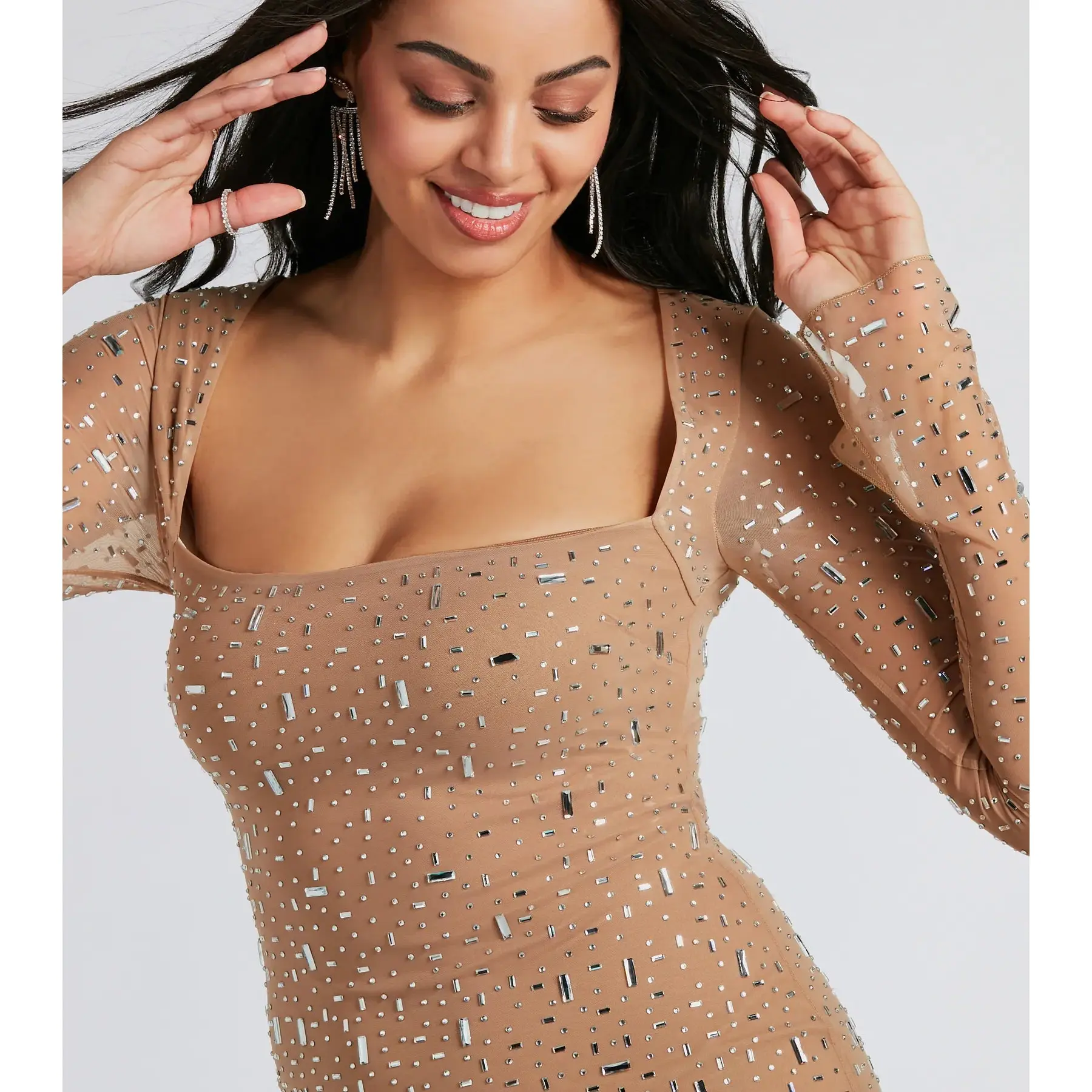 Dazzling Glam Long Sleeve Rhinestone Mesh Mini Dress - TikTok Shop Dazzling Glam Long Sleeve Rhinestone Mesh Mini Dress - TikTok Shop