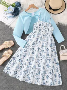 Girls 2-Piece Set, Bow Short Sleeved Jacket with Floral Dress, Stylish Elegant for Fall and Winter, Fitted Design and Shirred Style, Floral Printed Dress