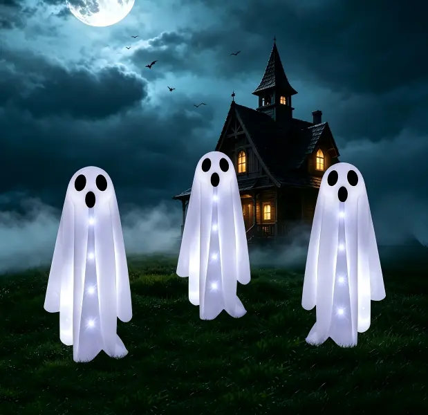 3 Pack Halloween Ghost Solar Pathway Lights, Waterproof Outdoor Yard Stake Decorations, Cool White Spooky Ghost Ground Lights for Lawn Driveway Porch Patio, Halloween Party Decor Gift