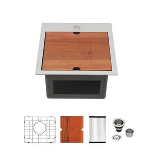 Logmey 15 Inch Drop-in Bar Sink, 15x15x9 Inch Topmount Workstation Sink, 16 Gauge SUS304 Stainless Steel Single Bowl, Premium Bronze Black Small RV Kitchen Sink, Prep Sink for Bar/Island/Laundry, Fits 18" Base Cabinet