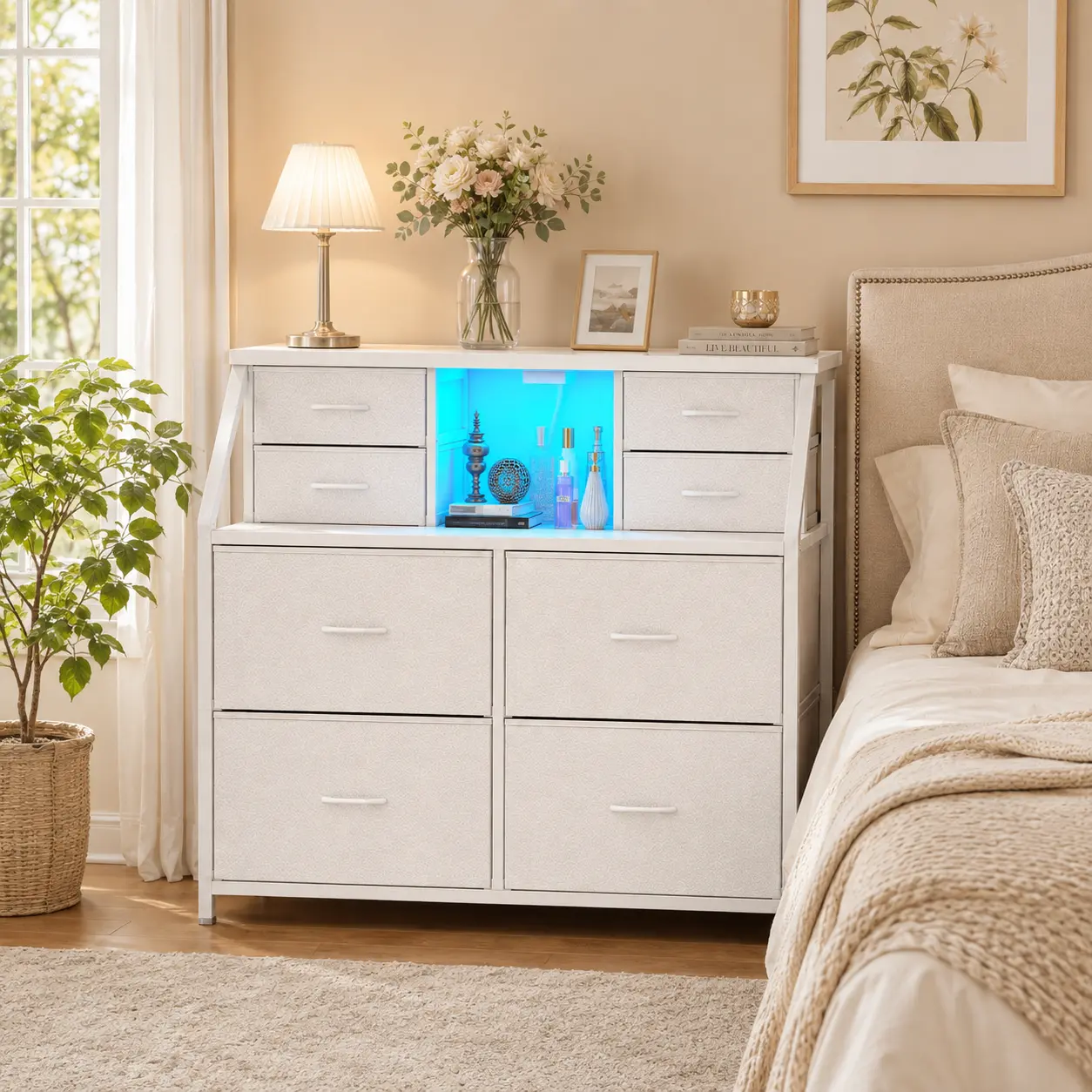 [24H-Customer Support] RaybeeFurniture Cute 8 Drawer Dresser for Bedroom, Smart LED Dresser with Charging Station, Steel Frame Storage Cabinet for Bedroom, Living Room & Hallway, 2-Tier Open Shelves