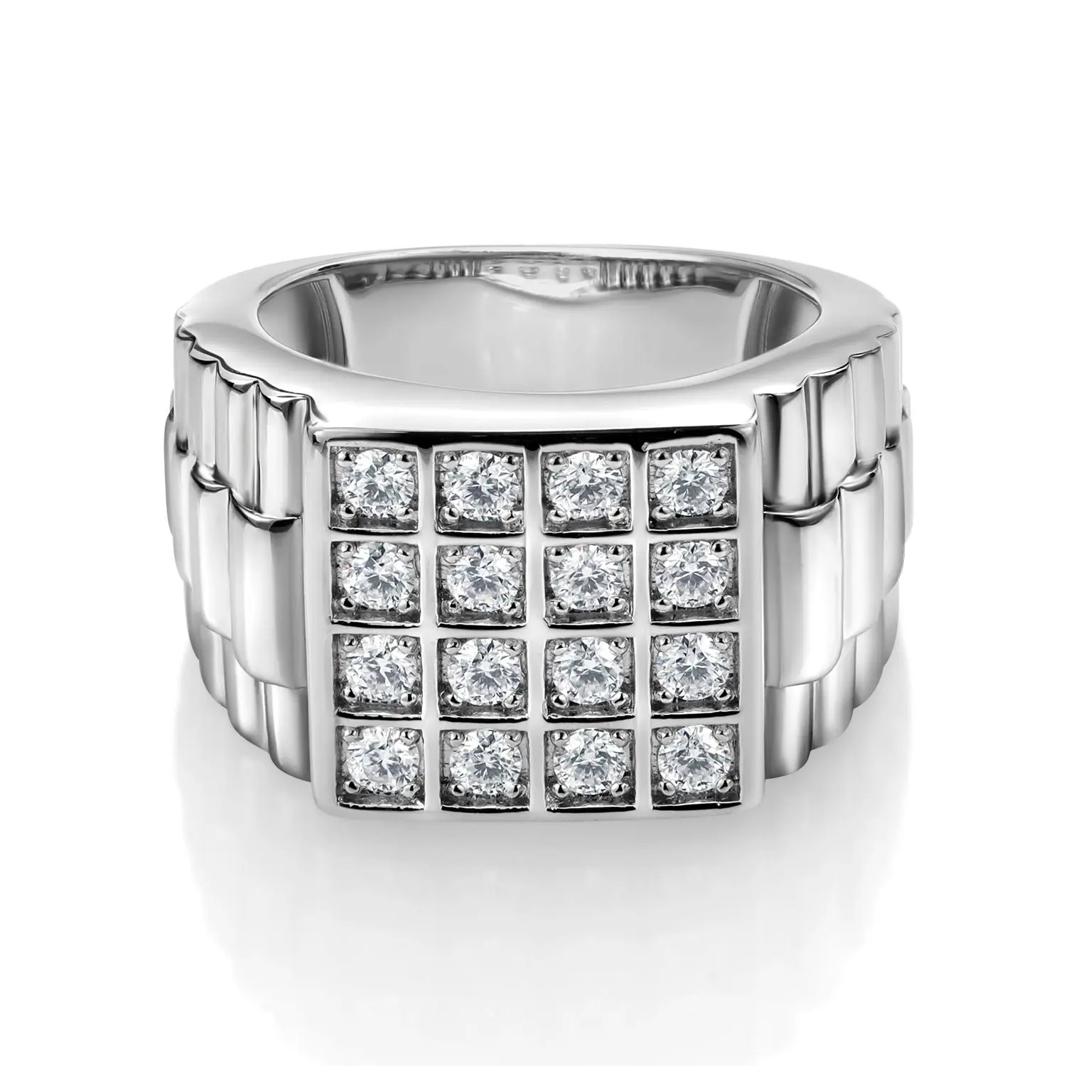 White Round Lab Grown Diamond Ring For Men | 925 Sterling Silver | Watch Cuban Rolex Style Square Cut Band Ring | 1.04 Cttw | Sizes 7, 8, 9, 10, 11, 12, 13