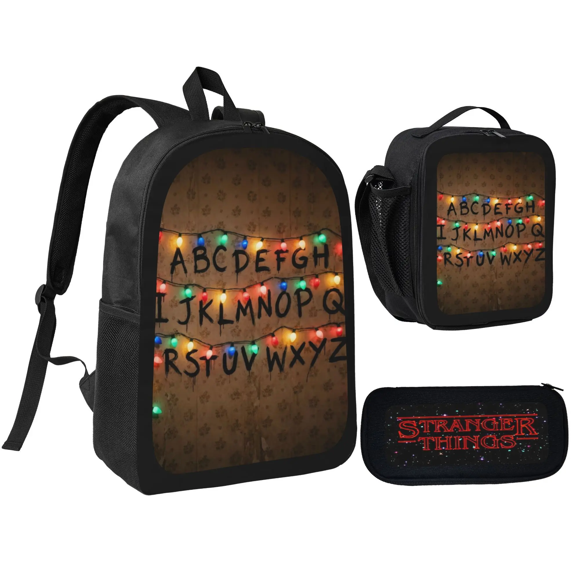 3pcs Stranger Things Upside Down Themed Backpack Set - Retro 80s Sci-Fi School Bag, Pencil Pouch, Insulated Lunch Box - Polyester Lightweight for Teen Fans