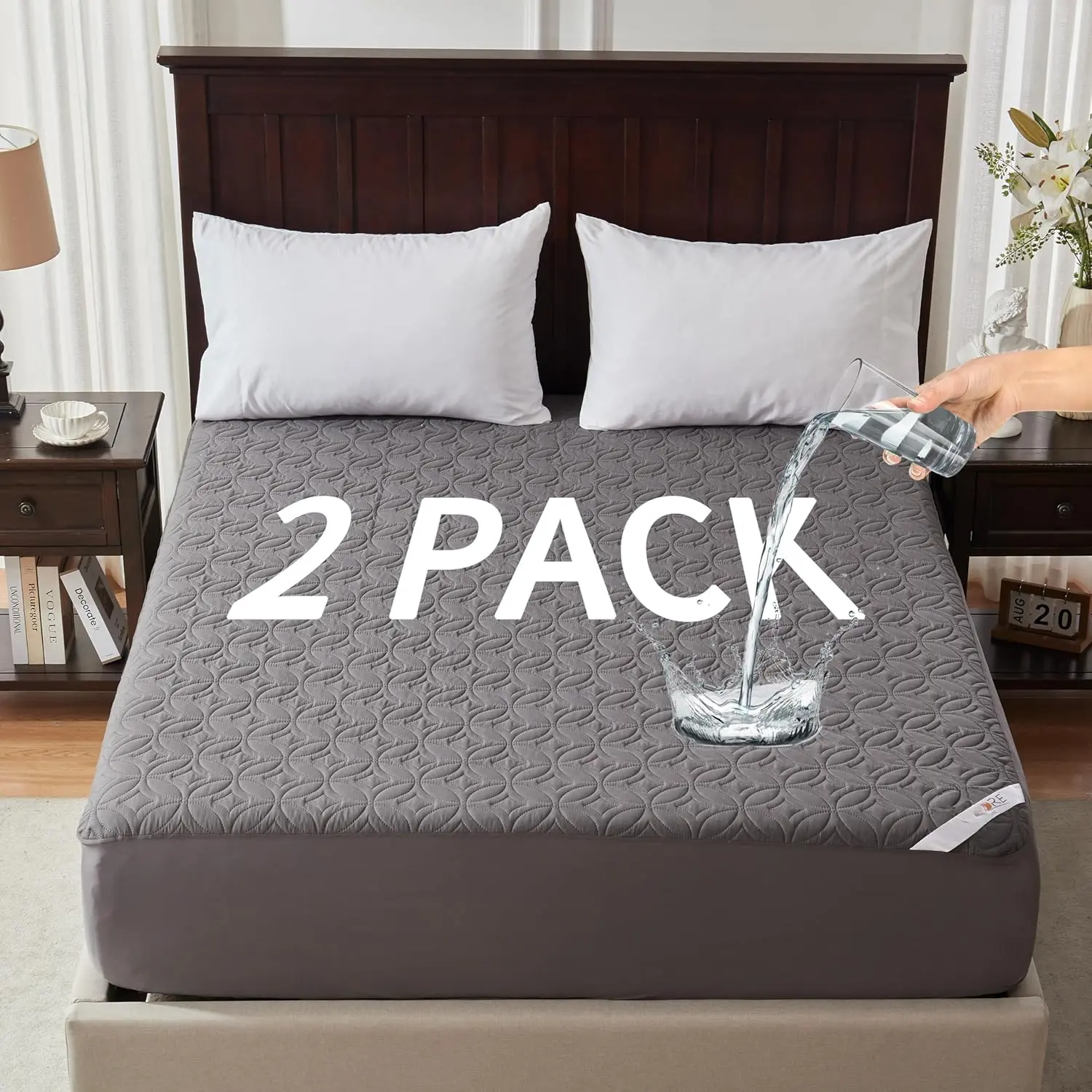 2 Pack  Mattress Protector,  Size Mattress Pad Noiseless with Deep Pocket 6"-18" Depth, Soft Breathable Dirt-Proof Bed Mattress Cover Washable for Home, Bedroom, Hotel (Gray)