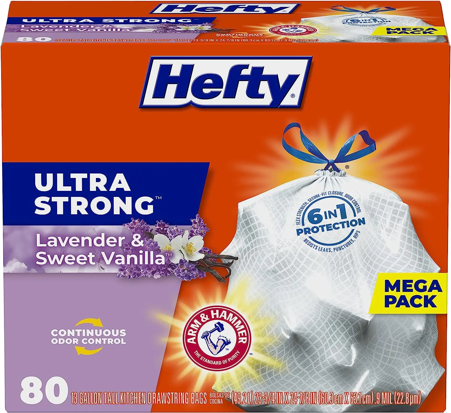 Hefty Ultra Strong 13 Gallon Trash Bags, Tall Kitchen Trash Bags, White, Lavender and Sweet Vanilla Scent, 80 Bags