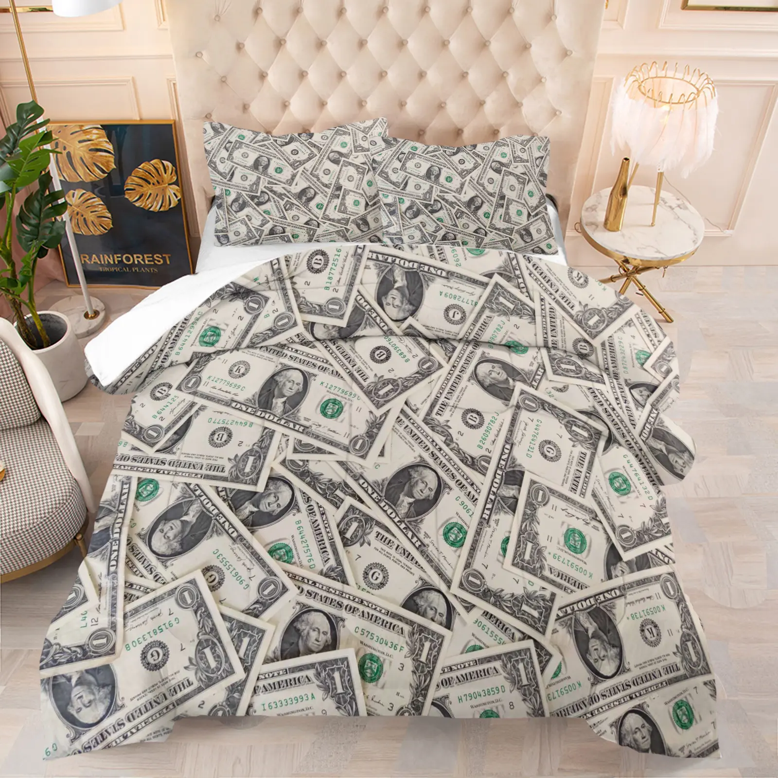 $1 Bill Pattern Bedding Set, Cash-Printed Comforter And Pillowcase Set, High-End Stylish Bedroom Decor, Soft And Breathable (Includes 1 Quilt + 1 Or 2 Pillowcases)