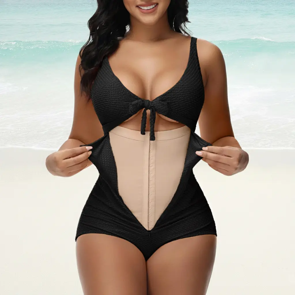 COOSHAPE Women's Tummy Smoothing Swimsuit One Piece Bathing Suit Shapewear Cutout Tie Knot Front Push Up Swim Suits Full Coverage Swimwear