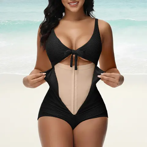 COOSHAPE Women's Tummy Smoothing Swimsuit One Piece Bathing Suit Shapewear Cutout Tie Knot Front Push Up Swim Suits Full Coverage Swimwear Sculpt Shaping Swimsuit Swimdress