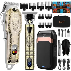LQT Vintage Salon Professional Beard Grooming Kit for Men 3 in 1 Hair Clipper set , Precision Trimmer & Foil Shaver with LED Display, Stainless Steel Adjustable Blades, Quiet Motor, Complete Barber Accessories, USB-Rechargeable Cordless, Long Battery Life