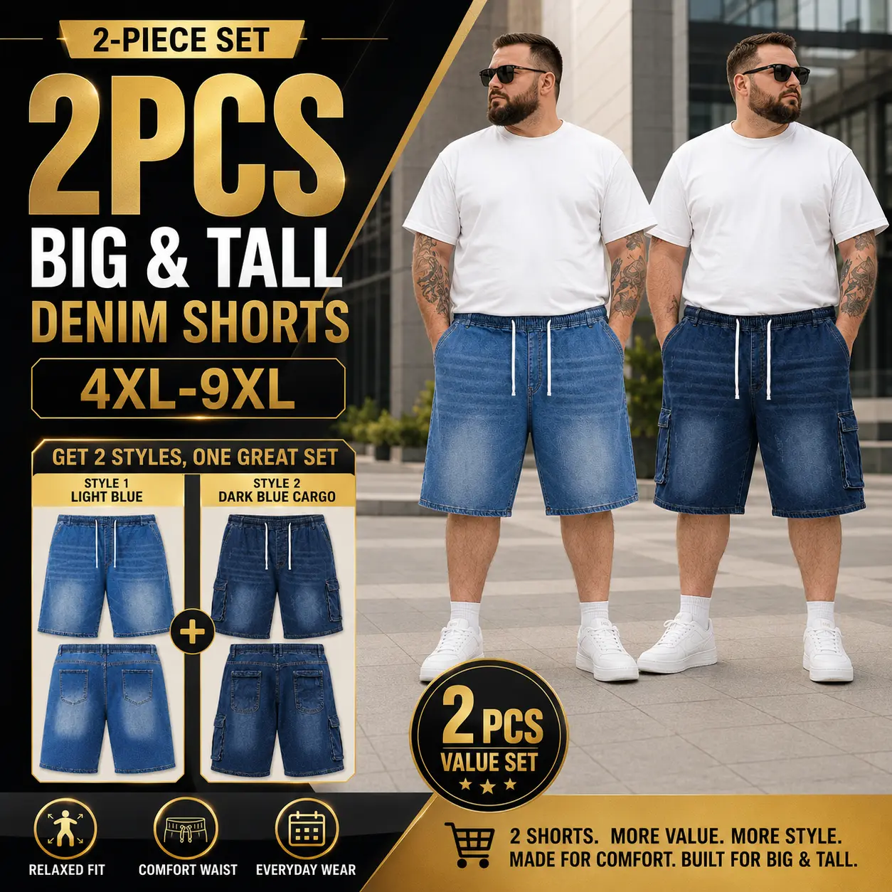 2‑Pack Big & Tall Men's Denim 5" Shorts, Elastic Drawstring Waist Loose Multi‑Pocket Plus Size Shorts