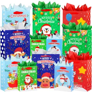 12 Pack Christmas Gift Bags with Tissues, Assorted Sizes Xmas Party Favor Bags and Treat Bags for Wrapping Christmas Gifts (6 Patterns)