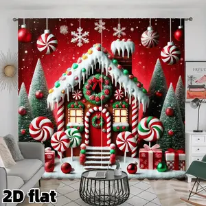 2D Flat 2Pcs Christmas Gingerbread House Curtains, Candy Cane Lollipop Pattern, Snowy Winter Scene, Rod Pocket Design, Polyester, Semi Sunshade, Holiday Theme Room Decor for Living Bedroom Kitchen Window Treatment, Anti Privacy, Home Decoration Curtain