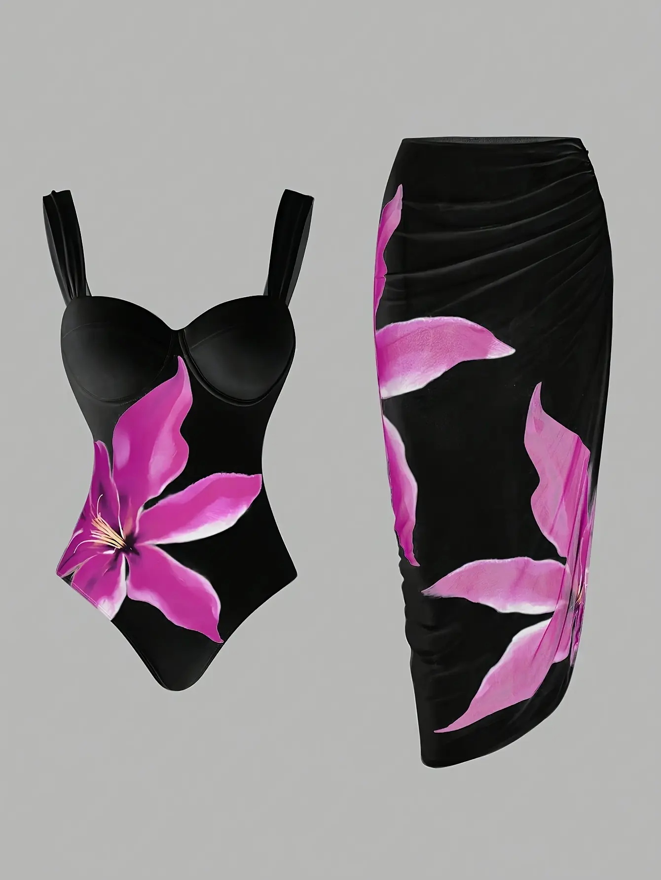 Purple floral print one-piece swimsuit + half skirt set, underwire push-up, two-piece set for seaside vacation to conceal body fat