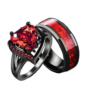 Couple Rings for Men and Women with Red and Black Hearts for Lovers