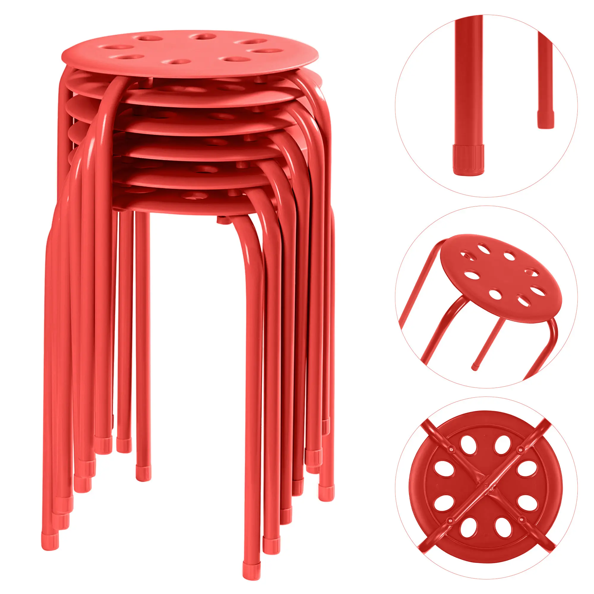 VECELO 6 Pack Stackable Stool, Small Stool Set, Round Metal Stool, No Backrest, Portable Stool, for Classroom, Home Office, Outdoor Garden (Red)