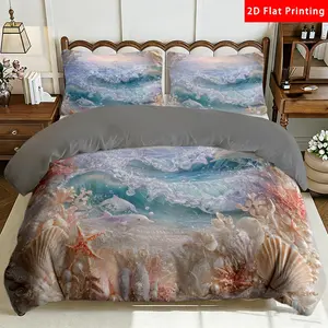 2/3 Pcs 2D Flat Ocean Themed Milk Velvet Duvet Cover Set Seashells Dolphins Waves Bedding Set Quilt Cover 1 Duvet Cover + 1/2 Pillowcases Beach Scene Top Sheet Decorative Bedding Bedroom DecorThe Preferred Pick for Bedding