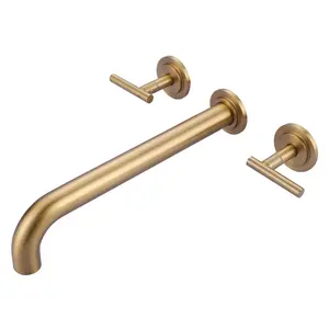 WOWOW Brushed Gold Minimalist Brass Wall-Mount Roman Bathtub Faucet - Double Handles, 12 in. Long Spout, Included Valve