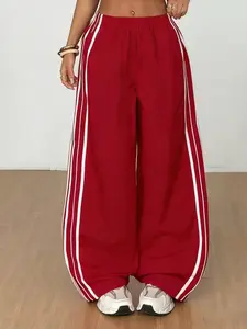 A women's casual and fashionable red side striped wide leg sports pants, high waist hanging casual straight leg floor pants, suitable for all seasons, suitable for home, indoor, and outdoor wear Casual Lounge Pants Bottom