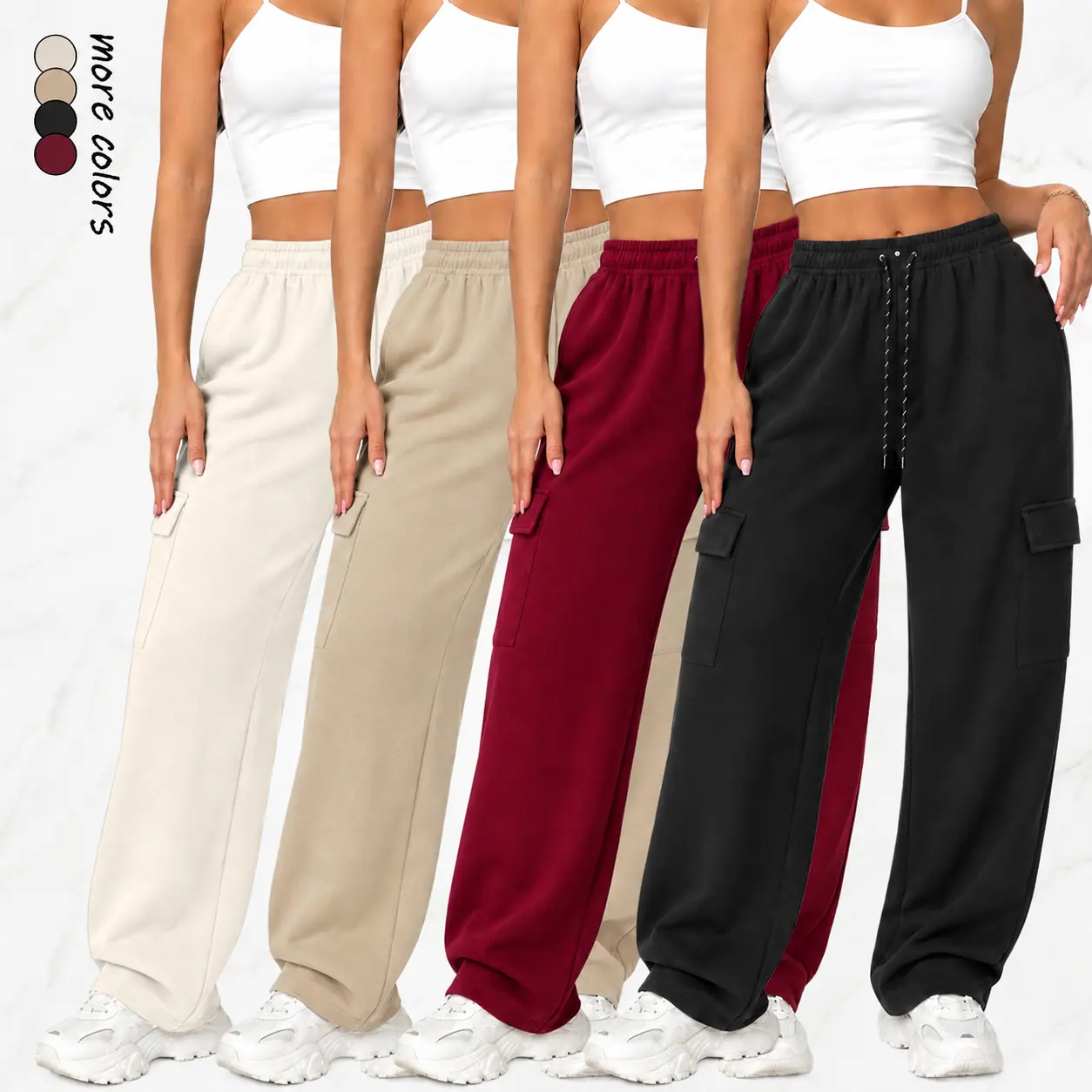 Women’s solid-color cargo pants, single pack — multifunctional pocket design athletic pants — all-season fitness, running, and yoga leggings with drawstring waist, lightweight stretchy fabric (machine washable), casual outdoor wear — women’s activewear