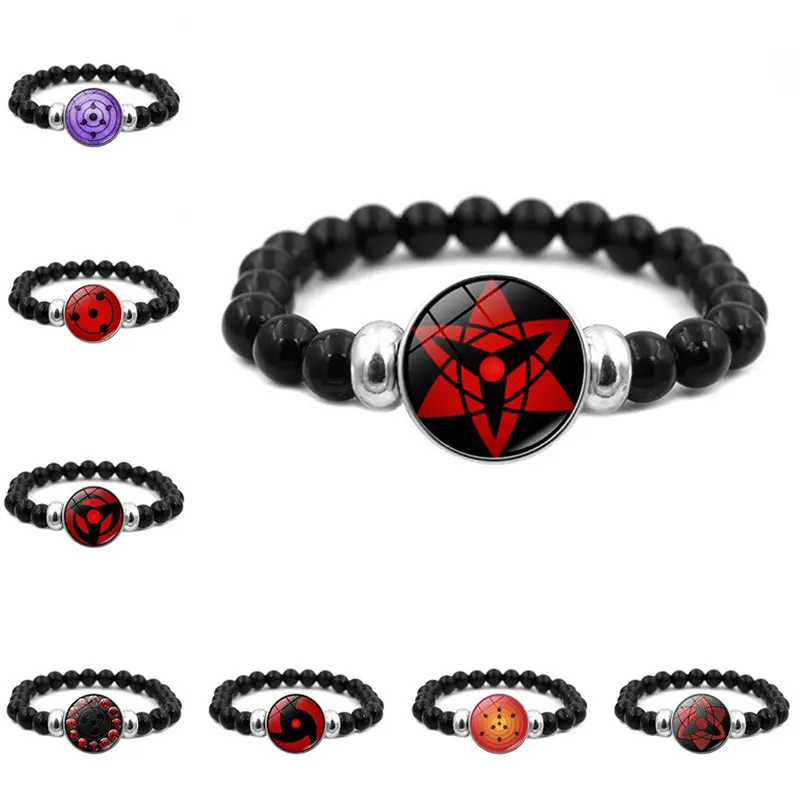 Sharingan Anime Pattern Beaded Strand Bracelet - High Quality Alloy & Glass Costume Jewelry for Men, Adjustable Chain Length, Daily Wear, Party & Cosplay Collectible, Individually Wrapped