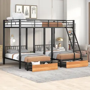 [Bellemave] Full Over Twin & Twin Bunk Bed, Metal Triple Bunk Bed with 2 Storage Drawers, Converted to 3 Independent Beds, Easy Assembly
